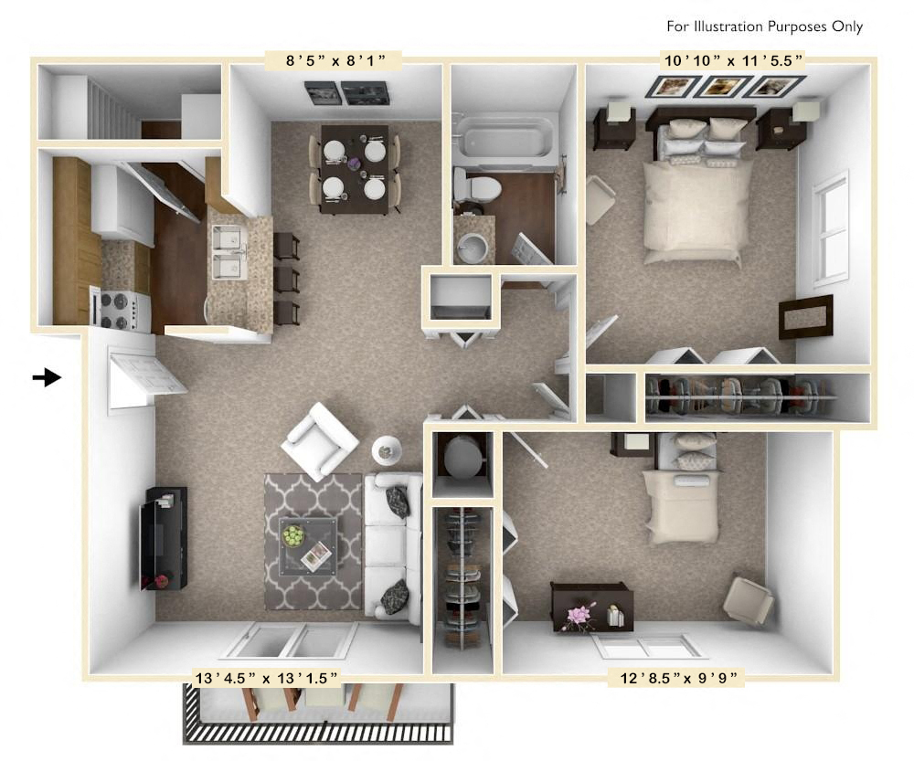 Floor plan for 2 beds, 1 bath, 800 sqft